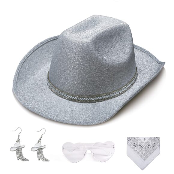 Accessories - 2757 Women's Glitter Faux Felt Cowboy Hat Set For Western Party Costume (us